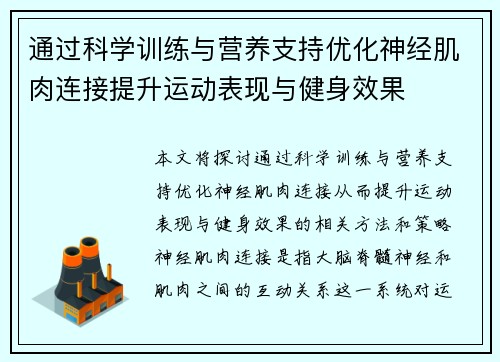 通过科学训练与营养支持优化神经肌肉连接提升运动表现与健身效果